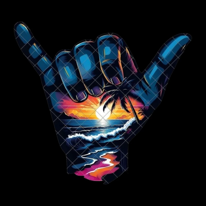 Shaka Sign with Tropical Sunset and Ocean Scene Pin