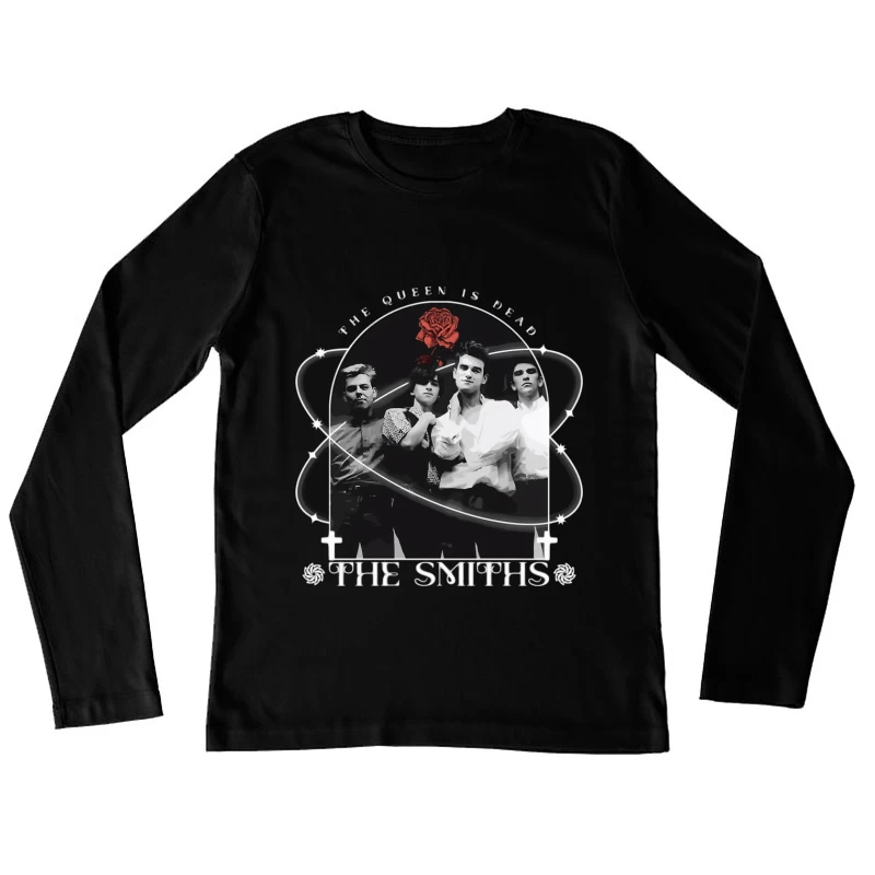 The Smiths - Vintage Black and White Band Portrait with Red Rose Female Long Sleeve T-Shirt