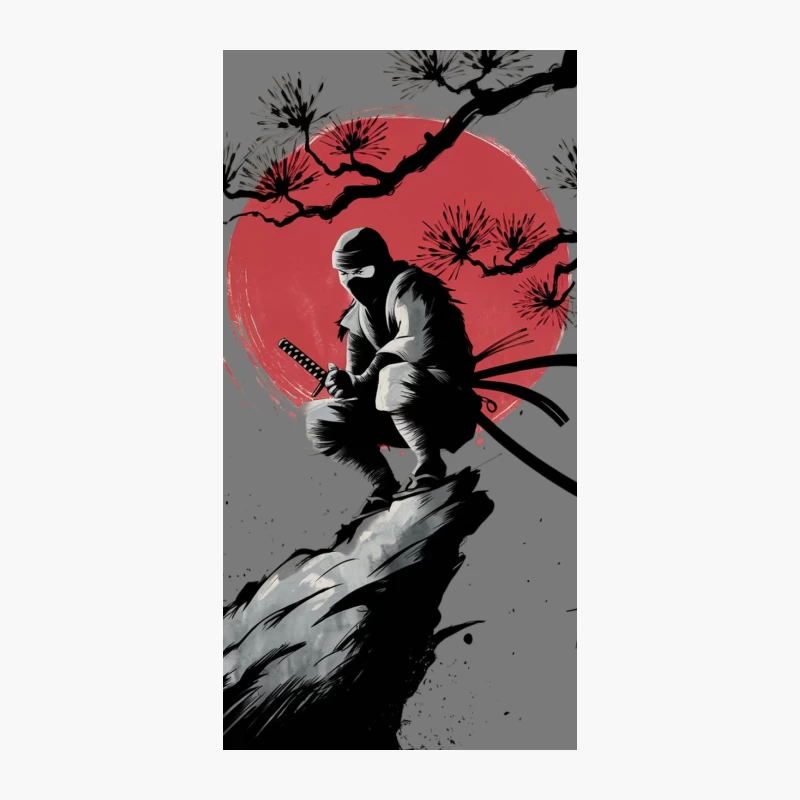 Japanese Ninja at Sunset Under Pine Tree - Traditional Ink Art iPhone Case