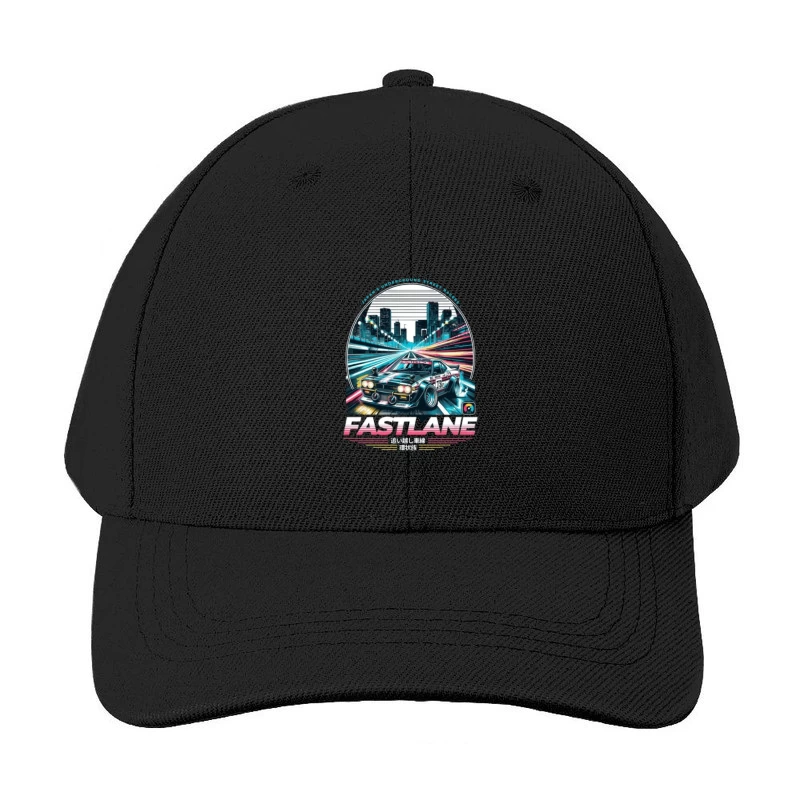 Retro Sports Car Racing Through Neon Cityscape - Synthwave Style Baseball Cap