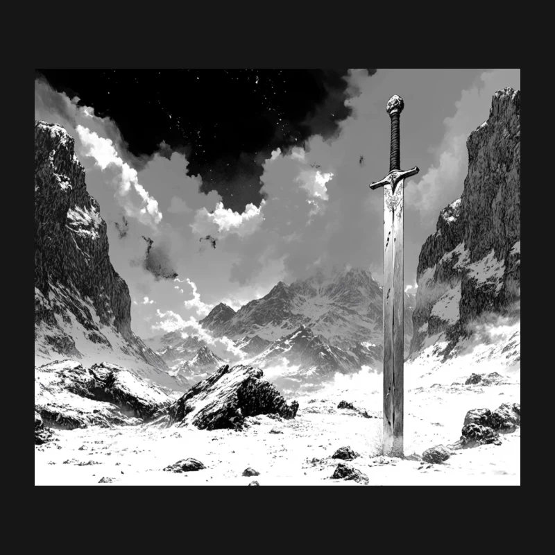 Epic Sword in Snowy Mountain Landscape Mouse Pad