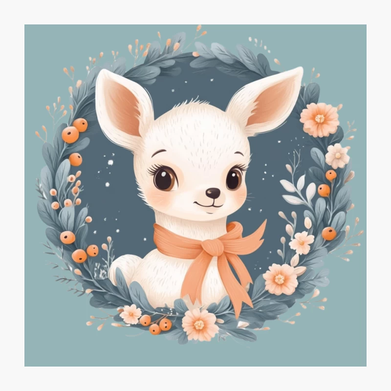 Cute Chibi Deer with Peach Ribbon in Floral Wreath Digital Illustration Pin