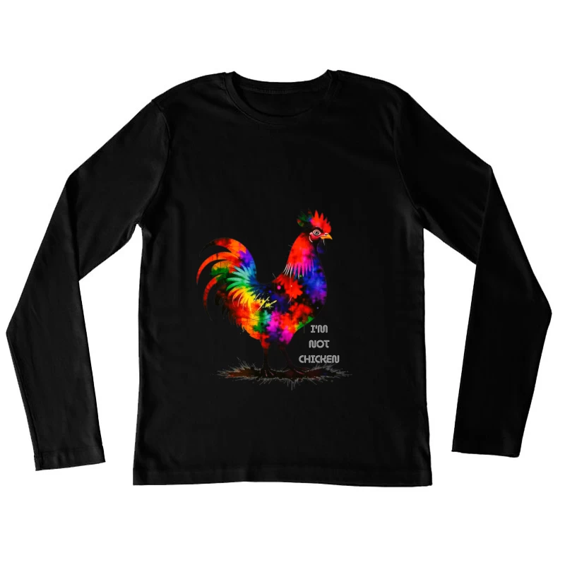 Rainbow Watercolor Rooster with Text Female Long Sleeve T-Shirt