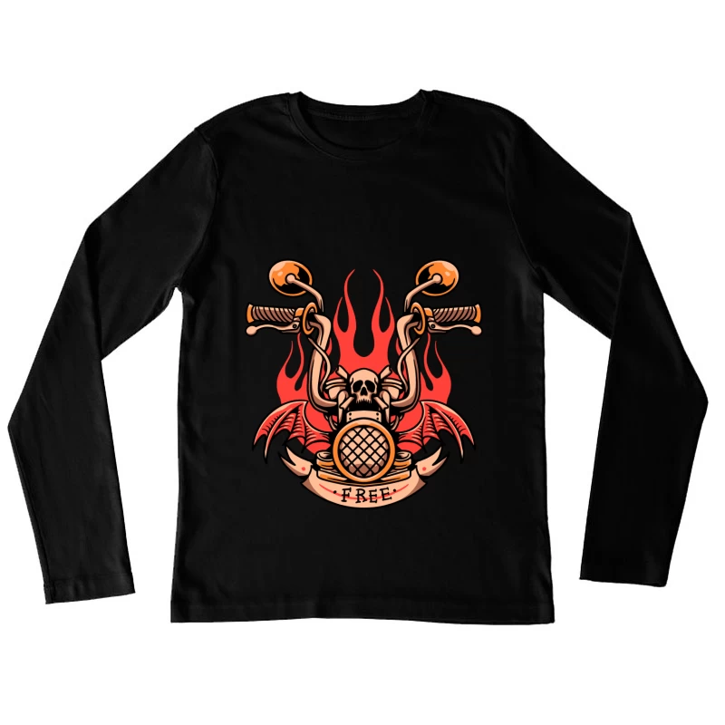 Skull and Flames Motorcycle Emblem Female Long Sleeve T-Shirt