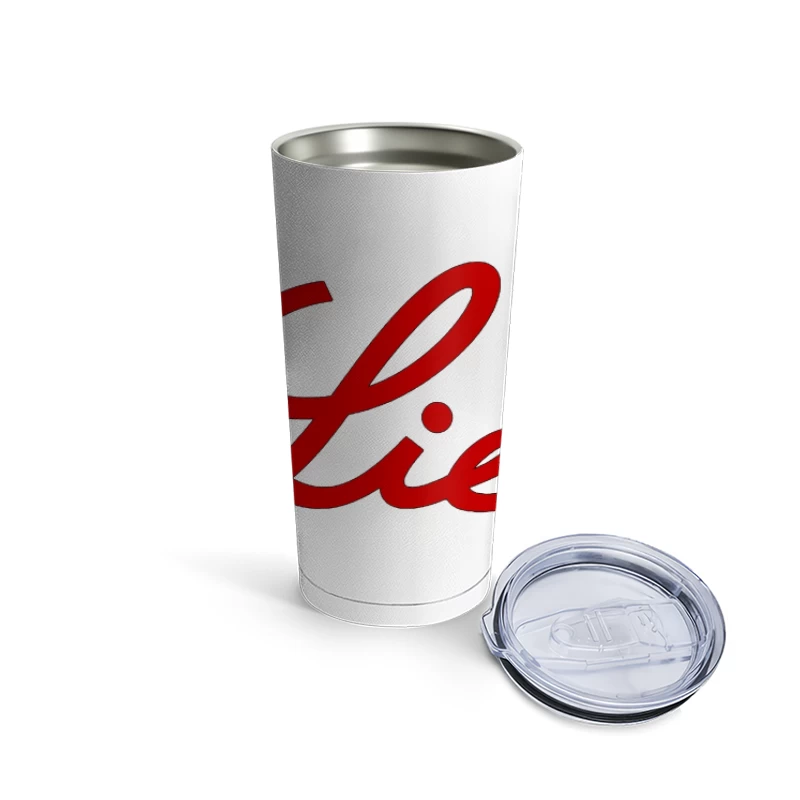 Red Cursive "Lies" Typography Logo Travel Mug