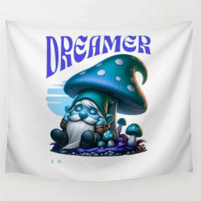 Dreaming Blue Gnome Under Magic Mushroom Tapestry