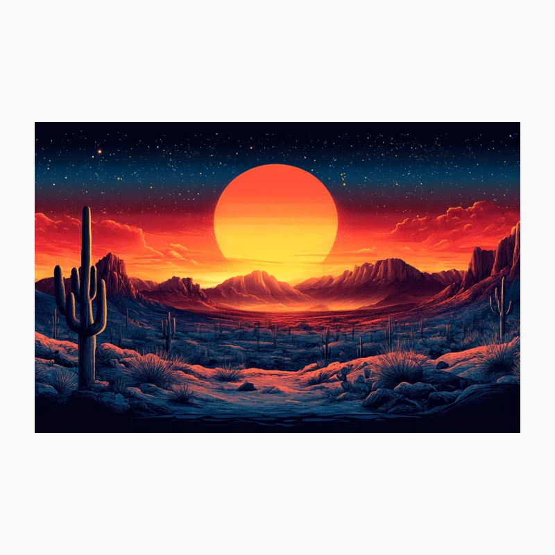 Vibrant Sci-Fi Desert Sunset with Cactus and Mountains Travel Mug