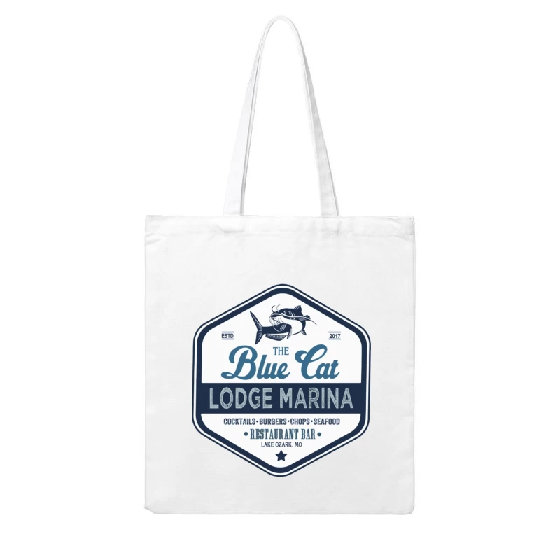 The Blue Cat Lodge Marina Restaurant and Bar - Vintage Nautical Logo Design Cotton Tote Bag