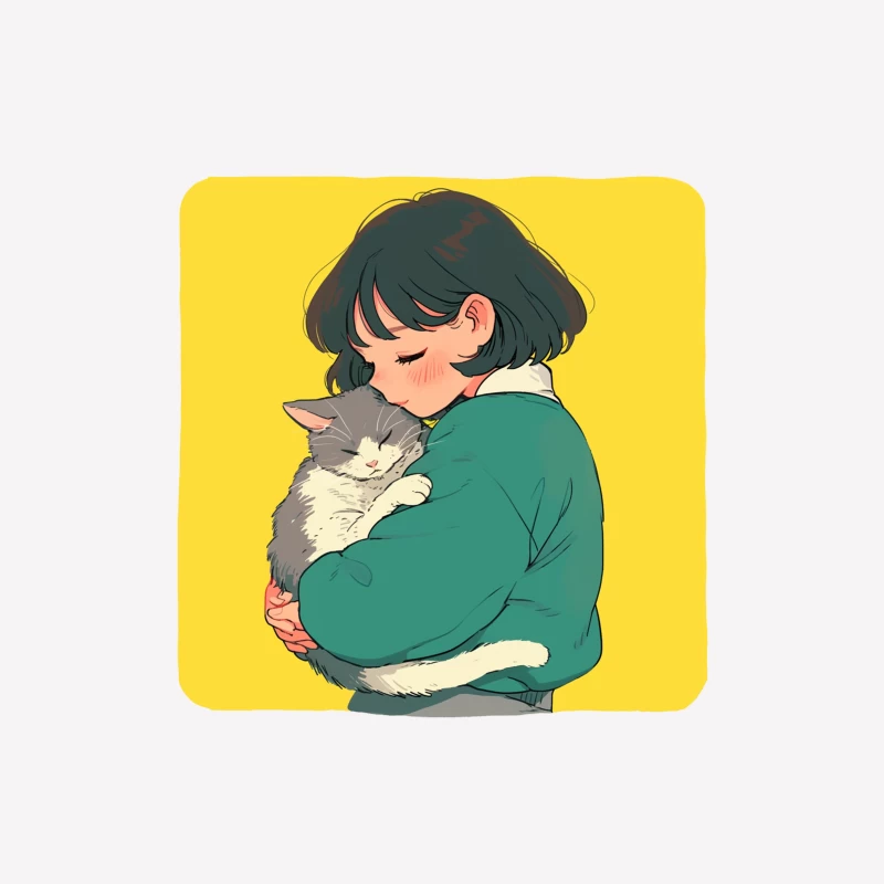 Gentle Embrace: Girl in Green Cuddling Gray Cat Male T-Shirt