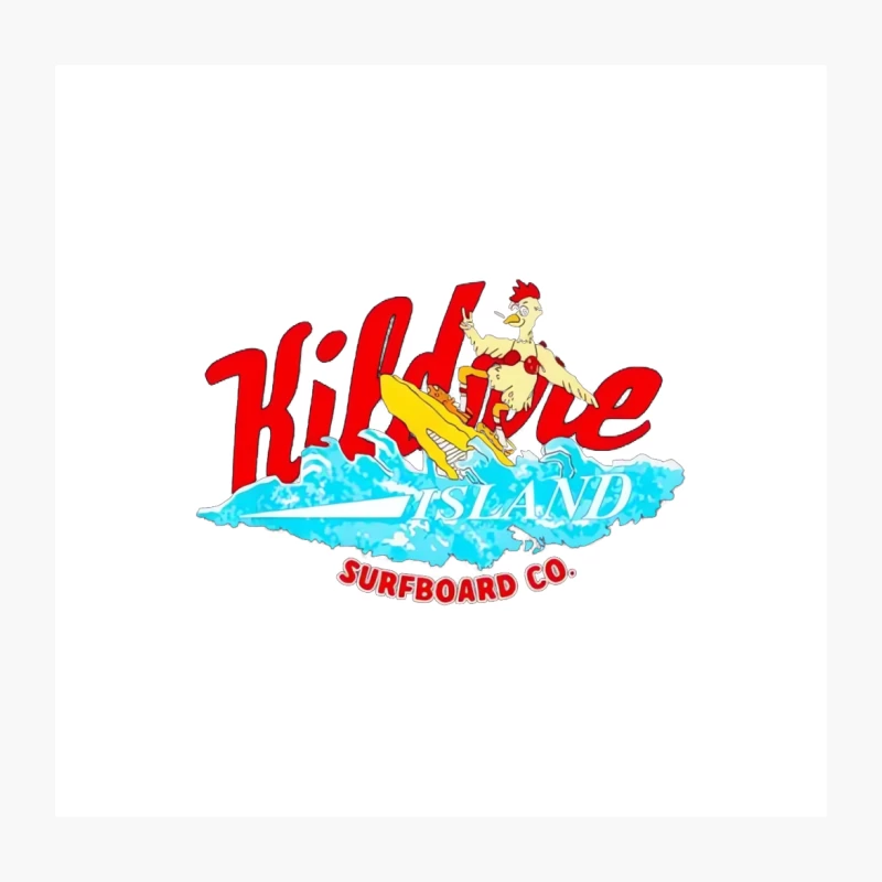 Kildare Island Surfboard Co: Cartoon Chicken Surfing Logo Throw Pillow