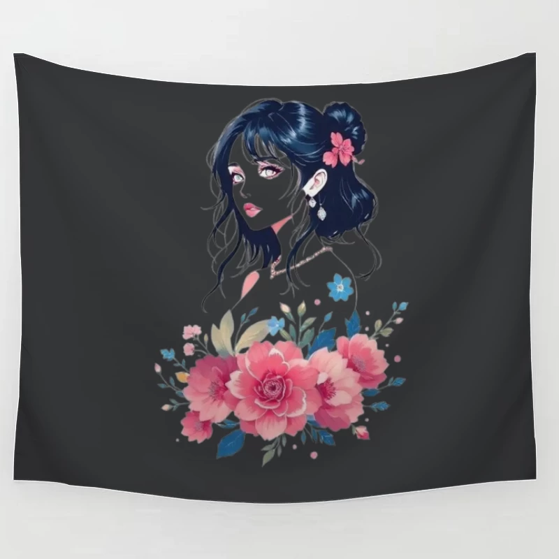 Elegant Anime Portrait with Pink Floral Arrangement Tapestry