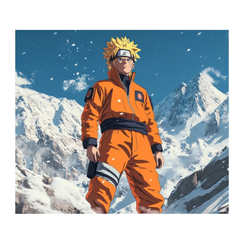 Naruto: Ninja in Orange Against Snowy Mountain Backdrop Tapestry