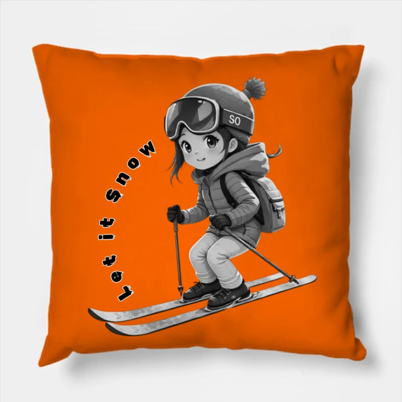 Cute Anime Chibi Character Skiing in Winter Throw Pillow