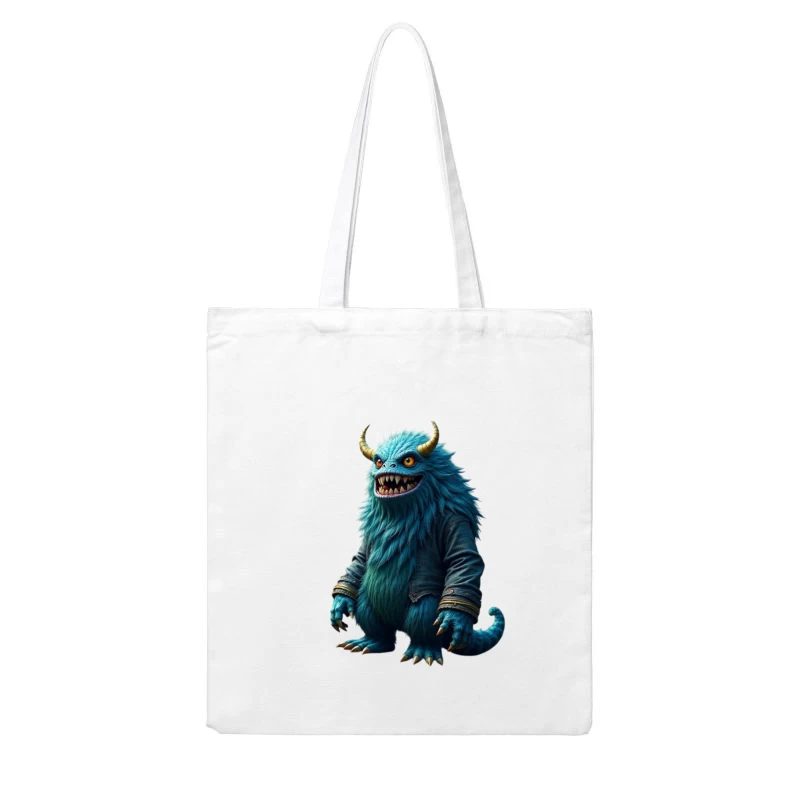 Furry Blue Monster in Denim Jacket with Golden Horns Cotton Tote Bag