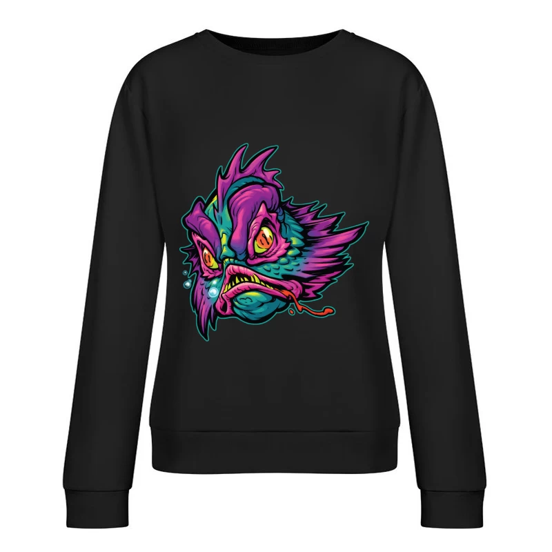 Grotesque Colorful Fish Monster Illustration Female Pullover Sweatshirt