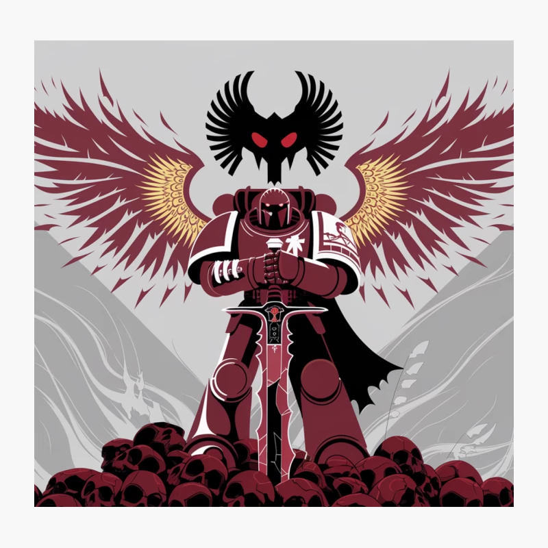 Menacing Winged Space Marine Atop Skull Pile in Gothic Sci-Fi Universe Throw Pillow
