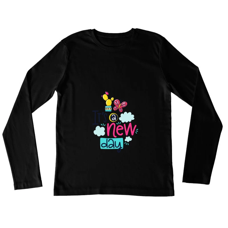 Un Nouveau Jour avec Cactus et Papillon Femme Manches Longues T-Shirt