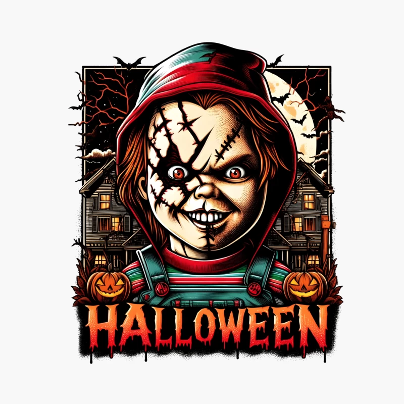 Creepy Halloween Doll with Haunted House Scene Cotton Tote Bag