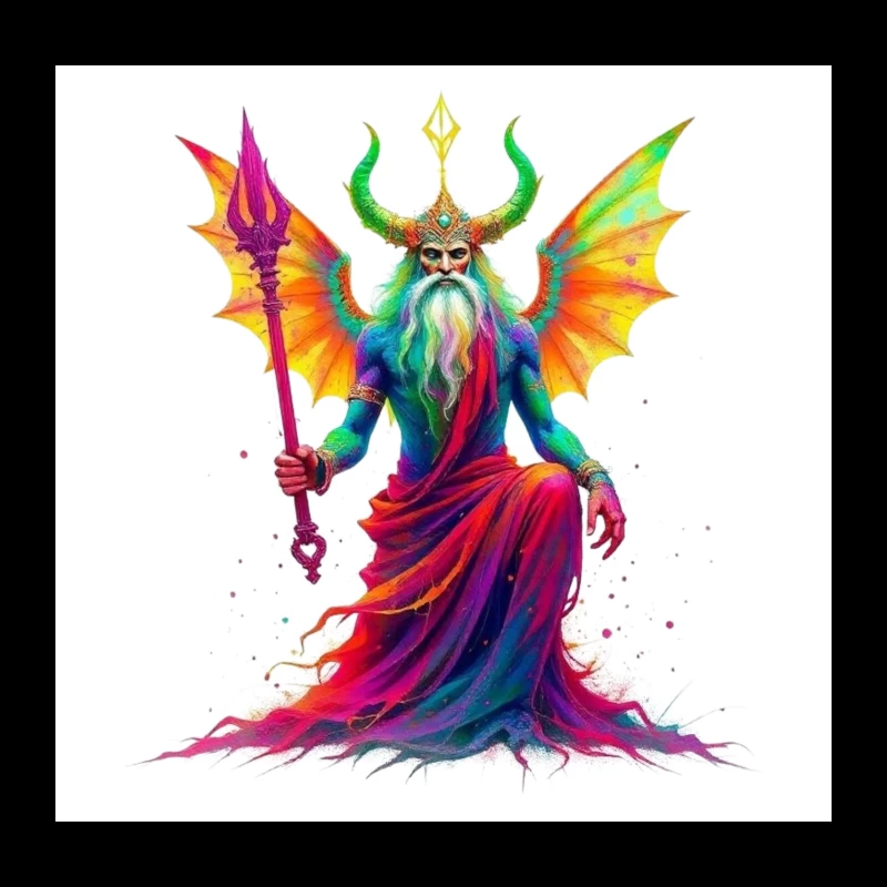 Rainbow-Hued Horned Deity with Dragon Wings Throw Pillow