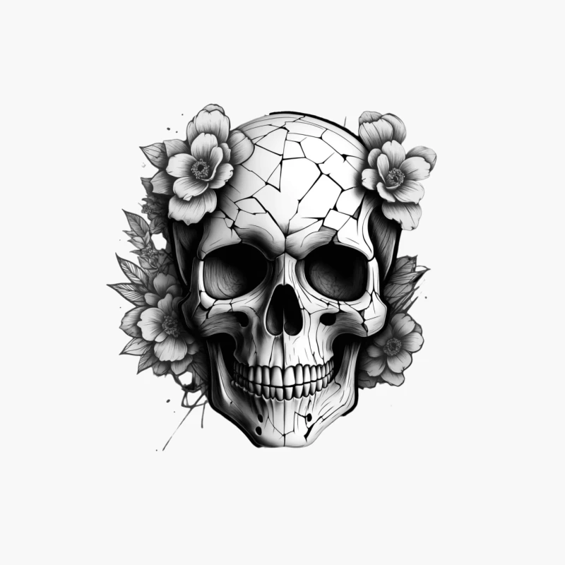 Cracked Skull with Flowers Cotton Tote Bag