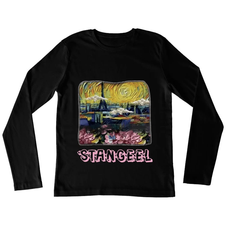 Eiffelturm und Blumen unter Sonnenhimmel Damen Langarm T-Shirt