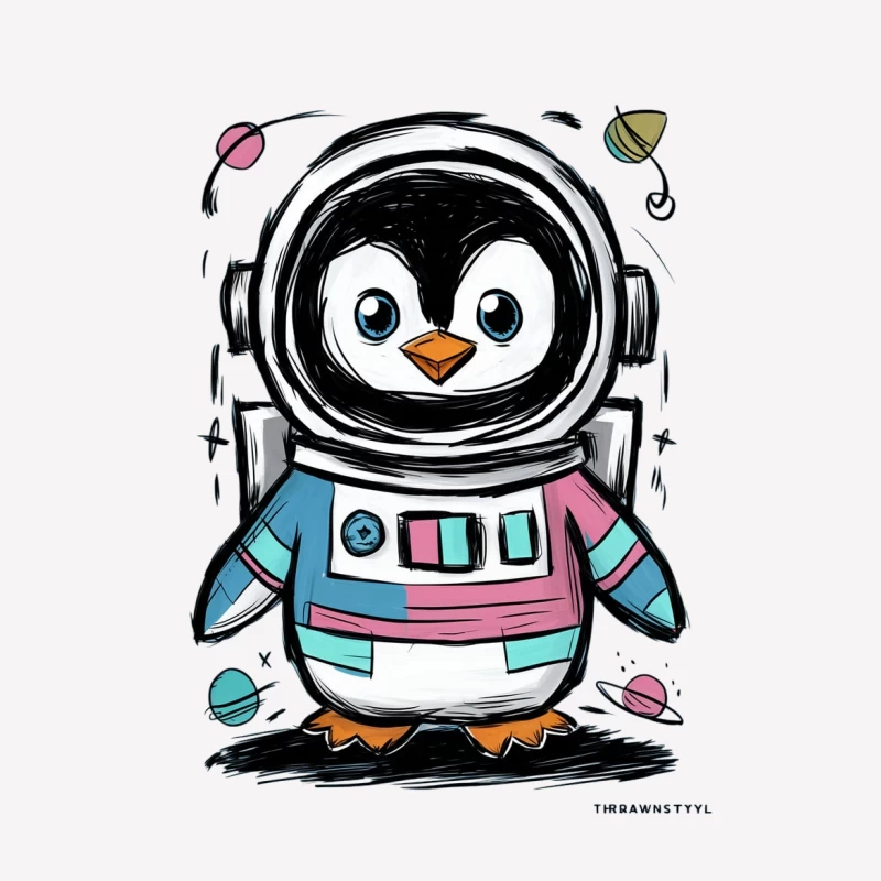 penguin astronaut cartoon character space illustration cute drawing colorful artwork Male T-Shirt