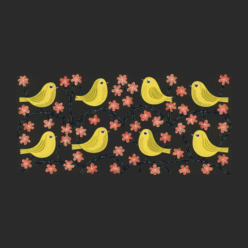 Cheerful Yellow Birds Amidst Pink Blossoms: A Whimsical Nature Illustration Baseball Cap