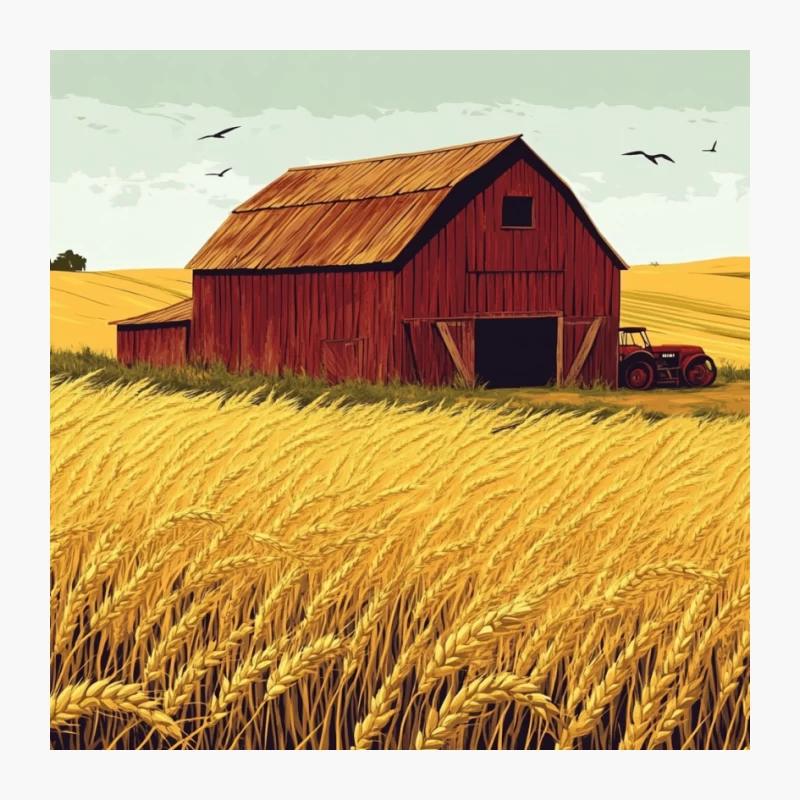 Rustic Red Barn in Golden Wheat Field: A Rural Harvest Scene Pin
