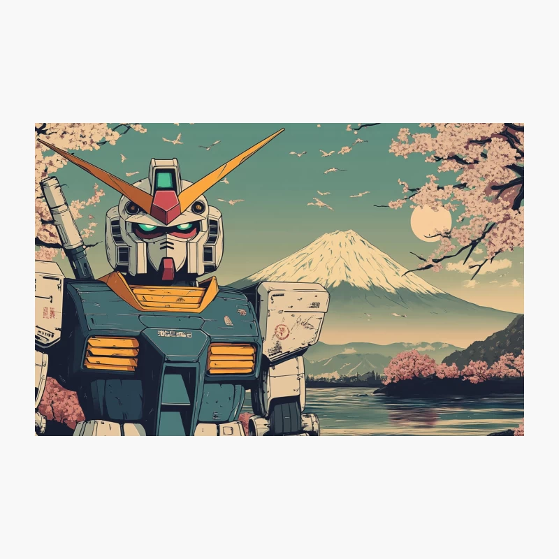 Gundam Robot in Japanese Cherry Blossom Landscape with Mount Fuji Travel Mug