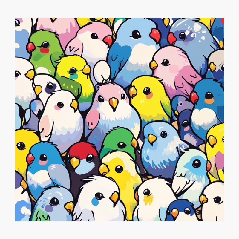 Colorful Cartoon Budgie Crowd: A Cute Avian Illustration Throw Pillow
