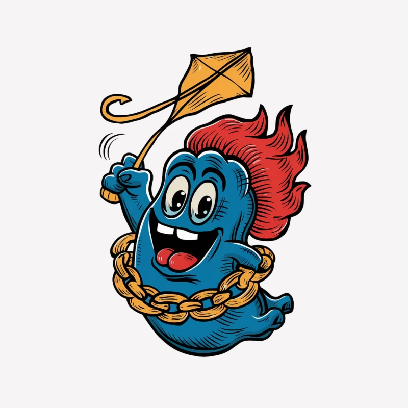 cartoon character blue ghost kite red hair gold chain happy expression retro style illustration Female T-Shirt