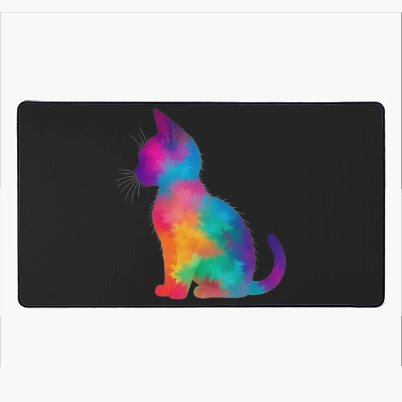 Rainbow Tie-Dye Cat Silhouette Art Desk Mat