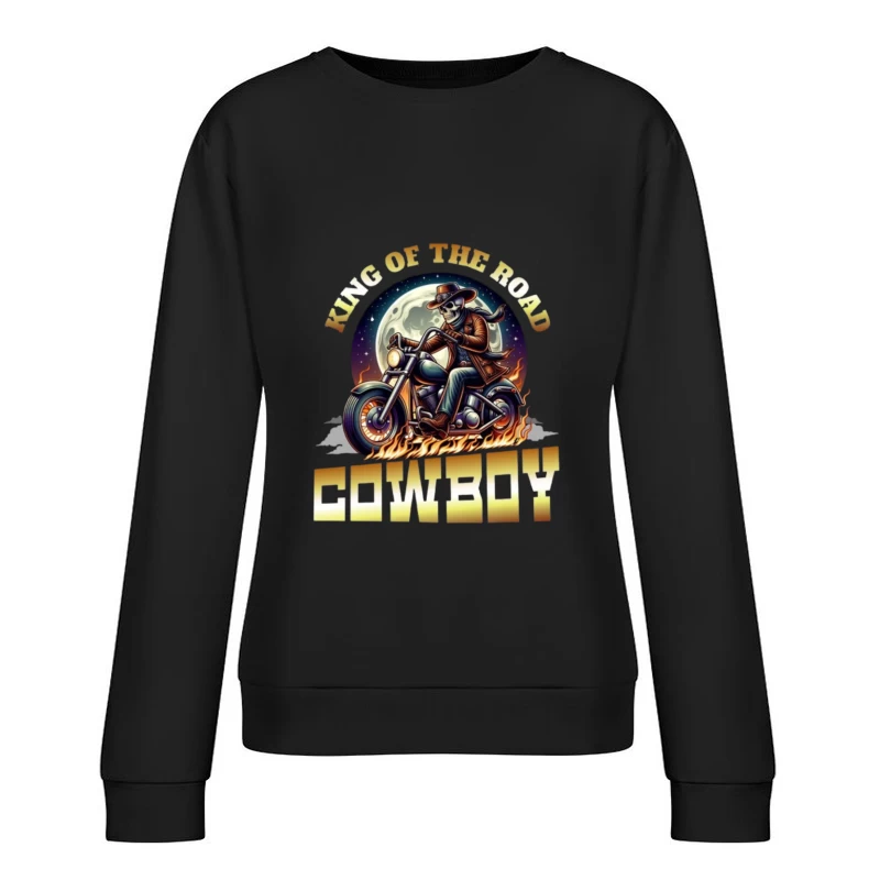 King of the Road: Skeleton Cowboy Biker Under Moonlight Female Pullover Sweatshirt