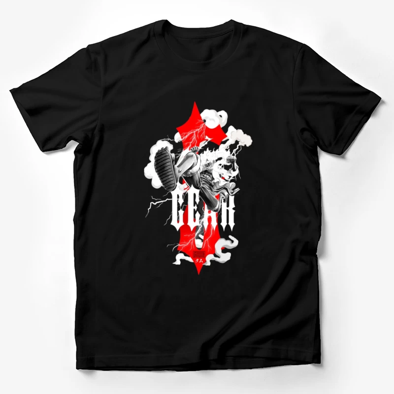 Dynamischer Charakter mit Blitz und rotem Design Herren T-Shirt