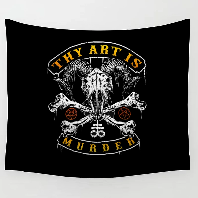 Gothic Art with Skull and Pentagrams Typography Design Tapestry