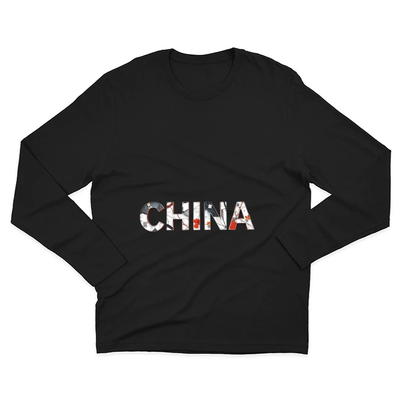 Artistic China Typography with Oriental Floral Design Male Long Sleeve T-Shirt