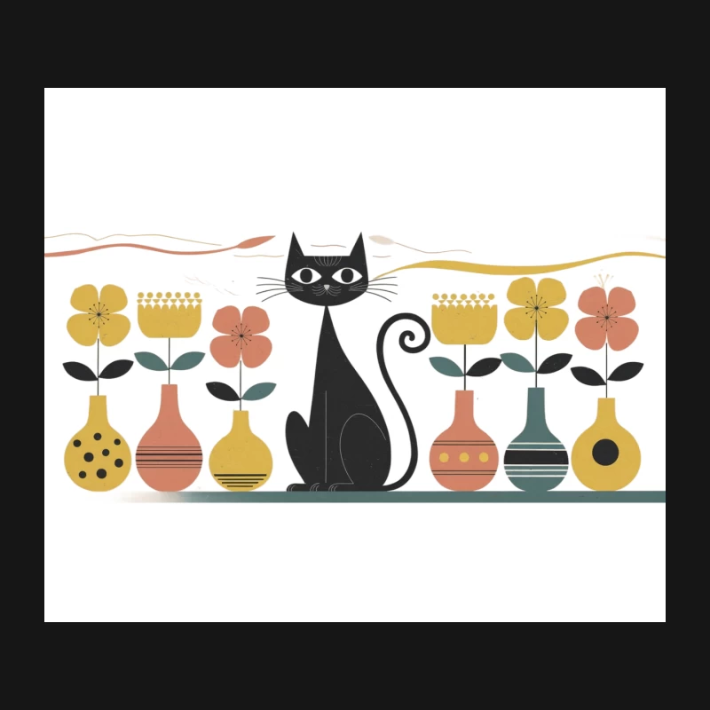 Retro Cat and Floral Vase Illustration in Scandinavian Style Mouse Pad