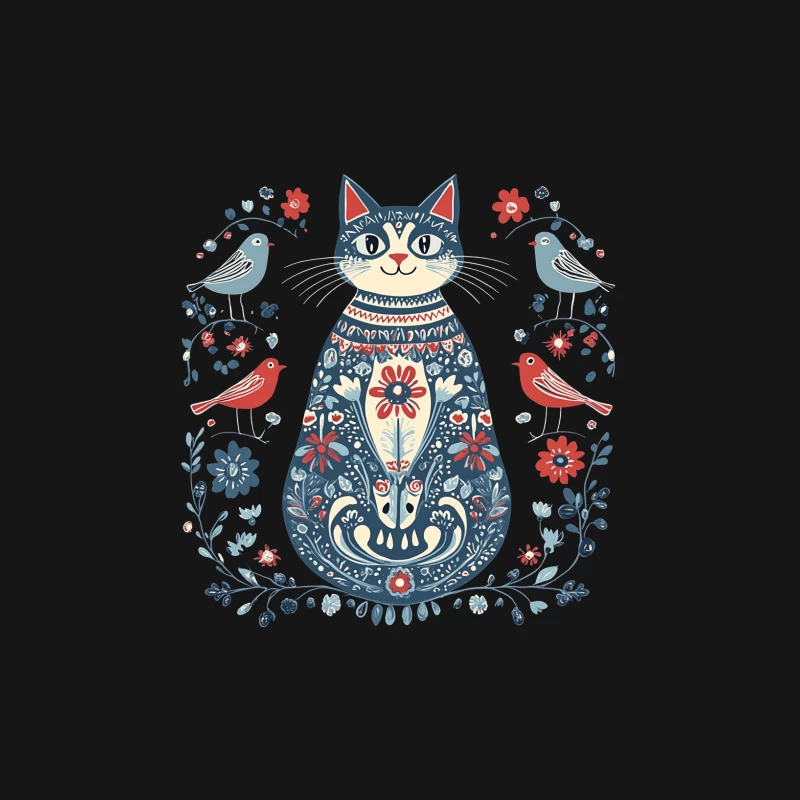 Whimsical Folk Art Cat with Floral Patterns and Birds Male Long Sleeve T-Shirt