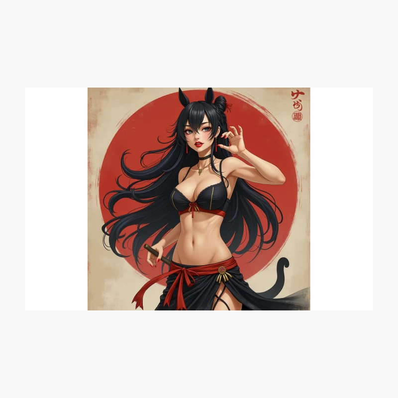Seductive Anime Cat Girl with Red Circle Background Travel Mug