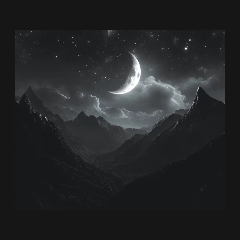 Ethereal Crescent Moon Over Misty Mountain Peaks Mouse Pad