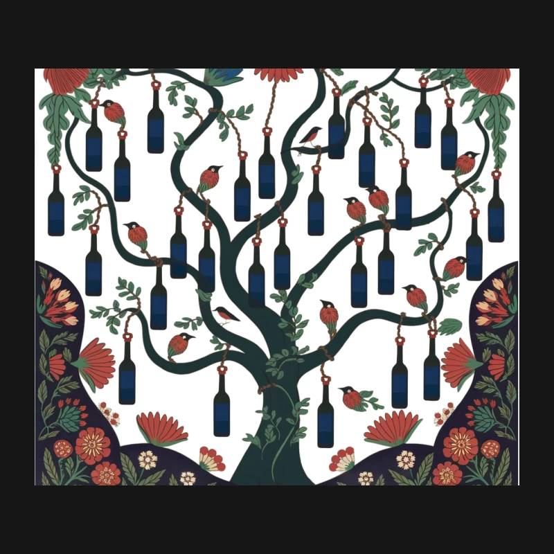 Whimsical Tree of Life with Wine Bottles and Floral Folk Art Design Mouse Pad