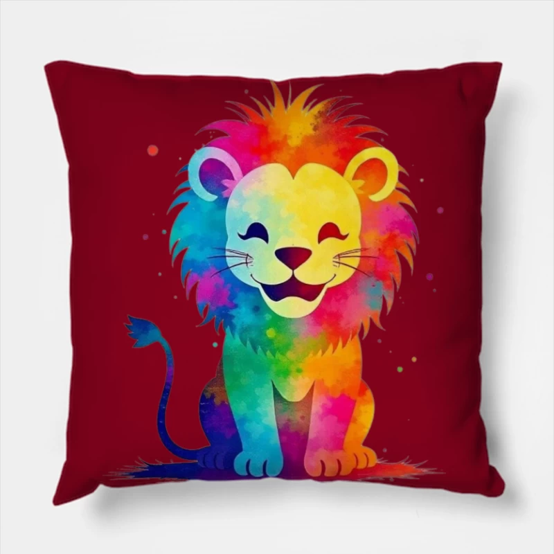 Colorful Cartoon Lion Illustration Throw Pillow