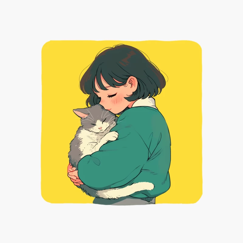 Gentle Embrace: Girl in Green Cuddling Gray Cat Cotton Tote Bag