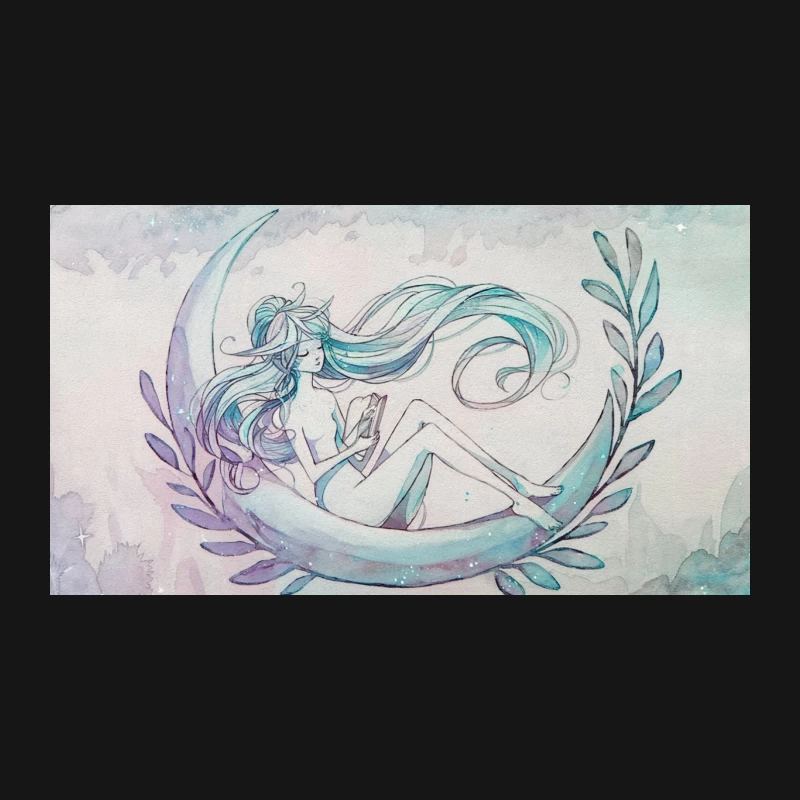 Dreamy Watercolor Mermaid on Crescent Moon Desk Mat