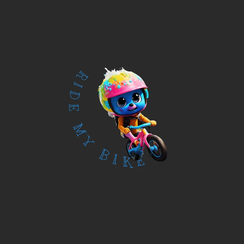 Cute Blue Animated Character Riding Colorful Bike with Safety Helmet Baseball Cap