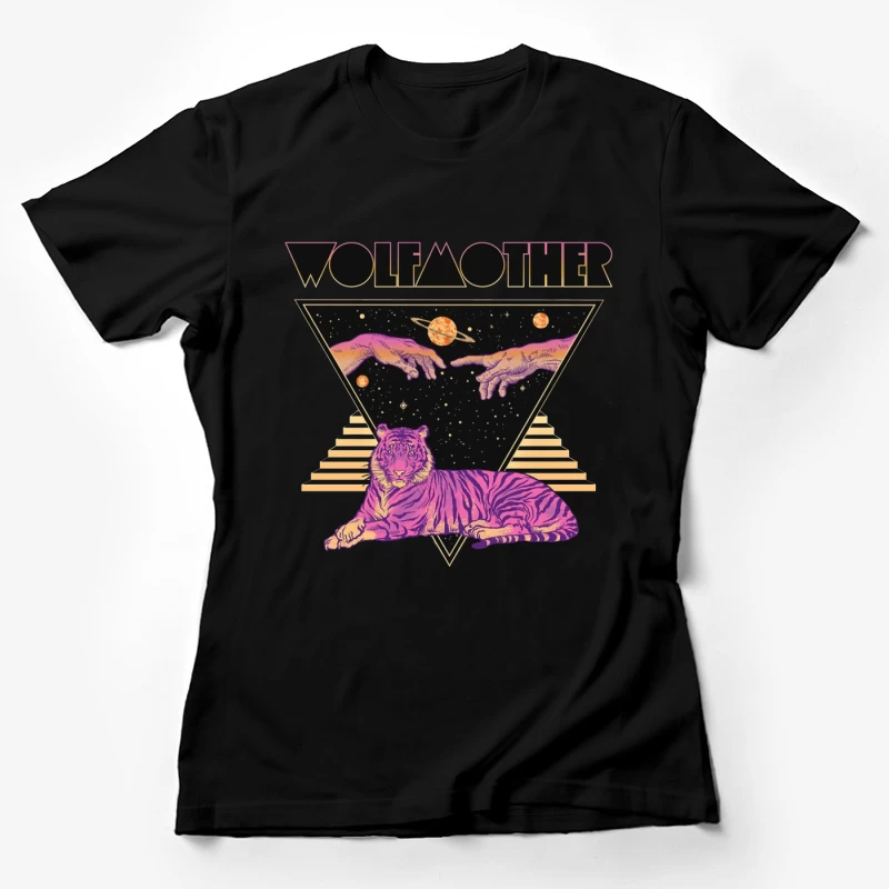 Cosmic Tiger with Mystical Hands in Retro Synthwave Style Female T-Shirt