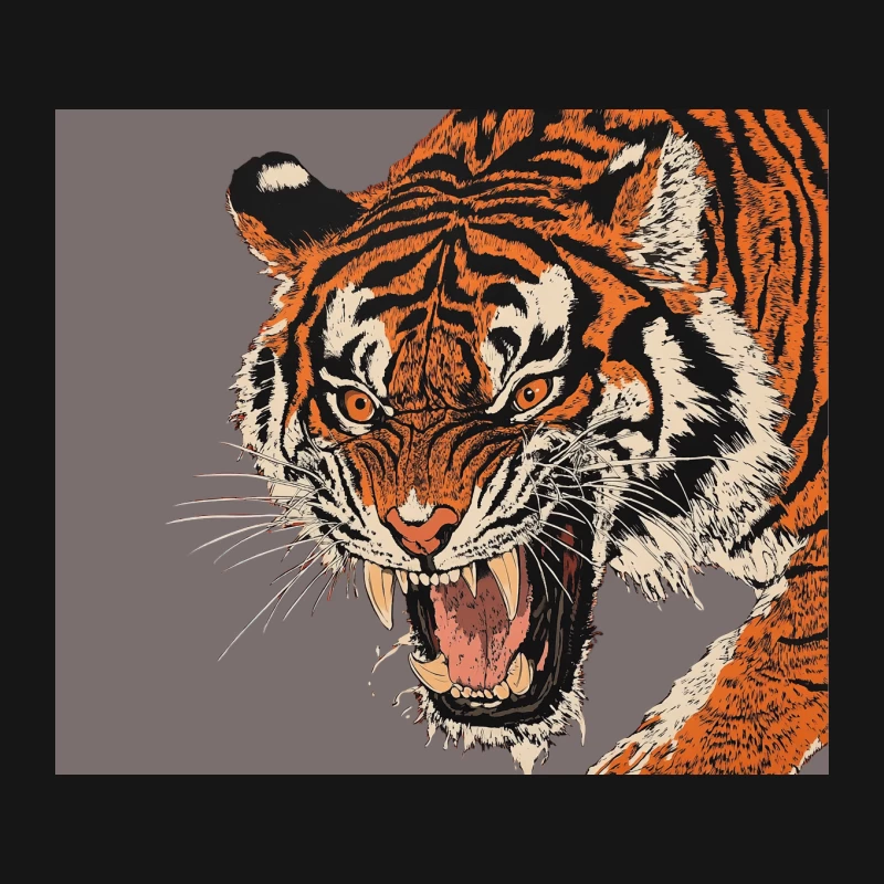 Fierce Roaring Tiger Illustration: Aggressive Predator in Wildlife Mouse Pad