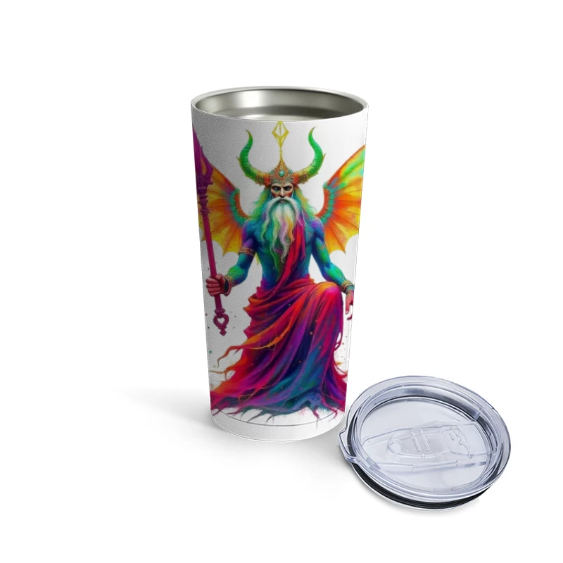 Rainbow-Hued Horned Deity with Dragon Wings Travel Mug