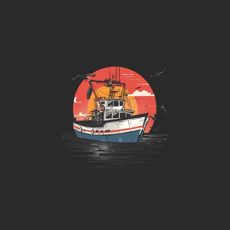 Vintage Illustration of Fishing Boat at Sunset with Seagulls Baseball Cap