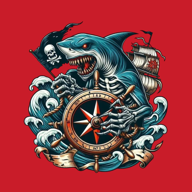 Pirate Shark with Compass and Ship Male Pullover Hoodie